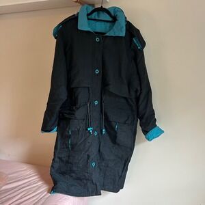Vintage Fox Run Workshop Ltd. Reversible Hooded Trench Coat BlackTurquoise Small
